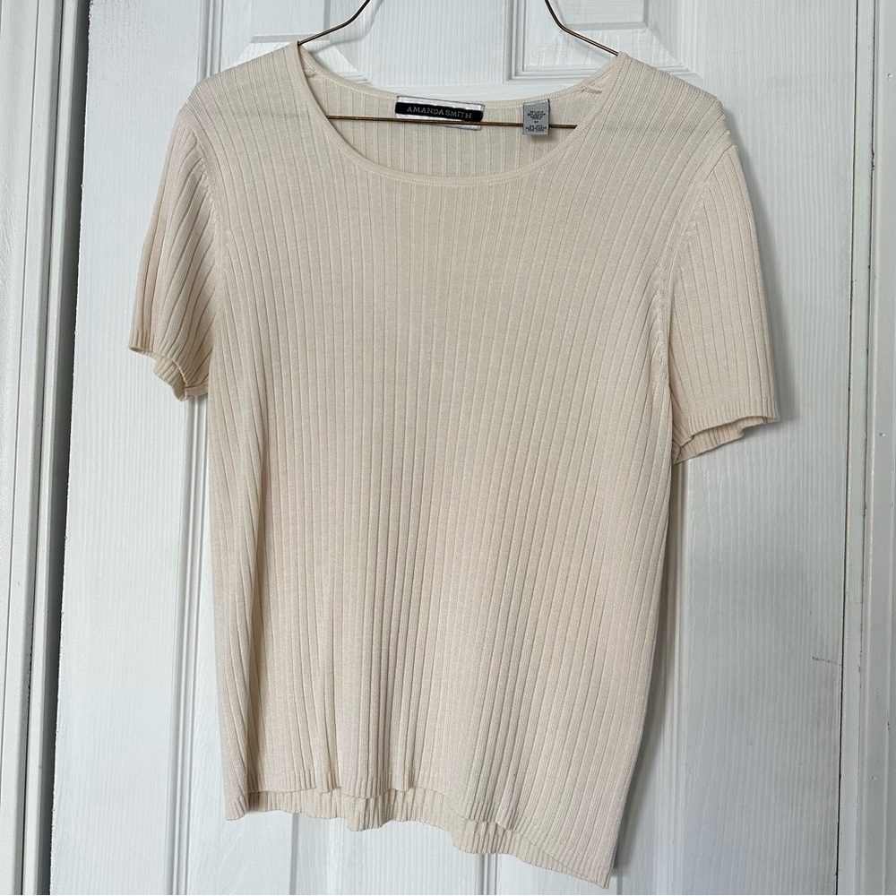 Amanda Smith Ribbed Short Sleeve 75% Silk Blouse Top Ivory Cream Women’s Medium